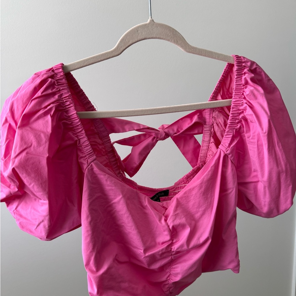 Vibrant Pink Ruched Crop Top with Tie Front